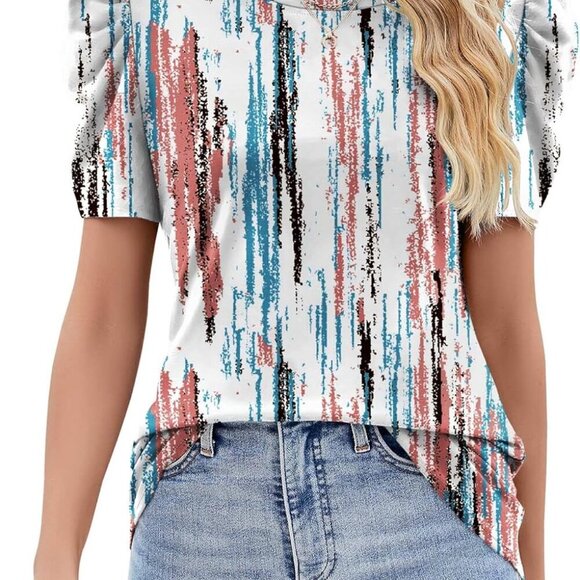 Tops - Puff Short Sleeve Shirt for Women Eyelet Tops Summer Crewneck Blouse Loose Fit S